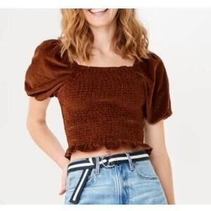 American Eagle Corduroy Puff Sleeve Crop Top Brown Cottagecore Y2K Size S